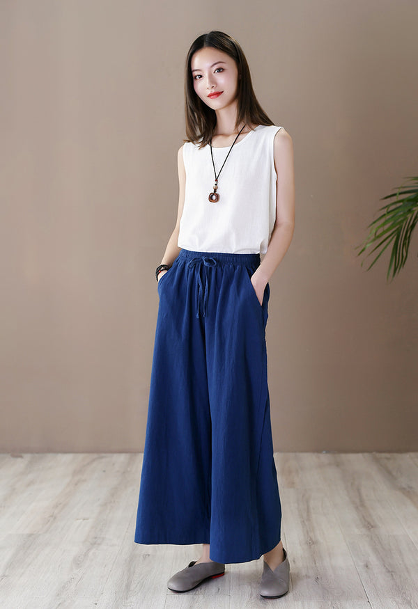 Women Simple Casual Style Linen and Cotton Wide Leg Pants