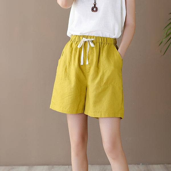Women Simple Style Linen and Cotton Shorts