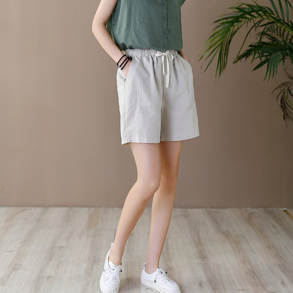 Women Simple Style Linen and Cotton Shorts