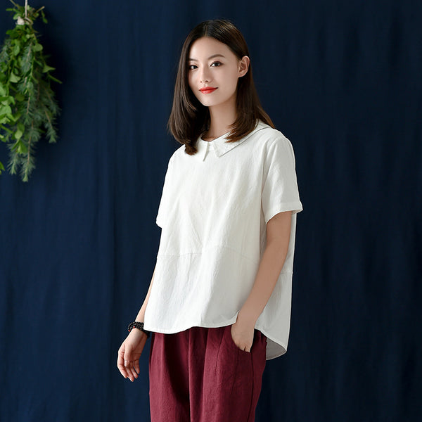 Women Retro Style Back Buckle Linen and Cotton Round Neck T-shirt