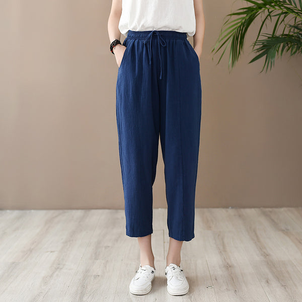 Women Casual Style Wrinkled Linen and Cotton Lantern Capri Pants