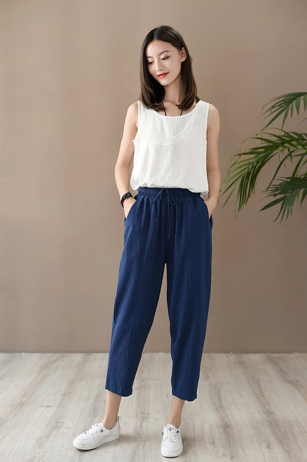 Women Casual Style Wrinkled Linen and Cotton Lantern Capri Pants