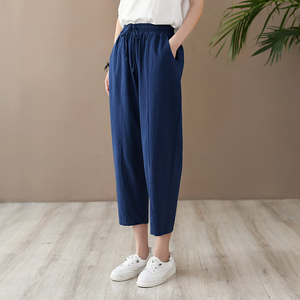 Women Casual Style Wrinkled Linen and Cotton Lantern Capri Pants