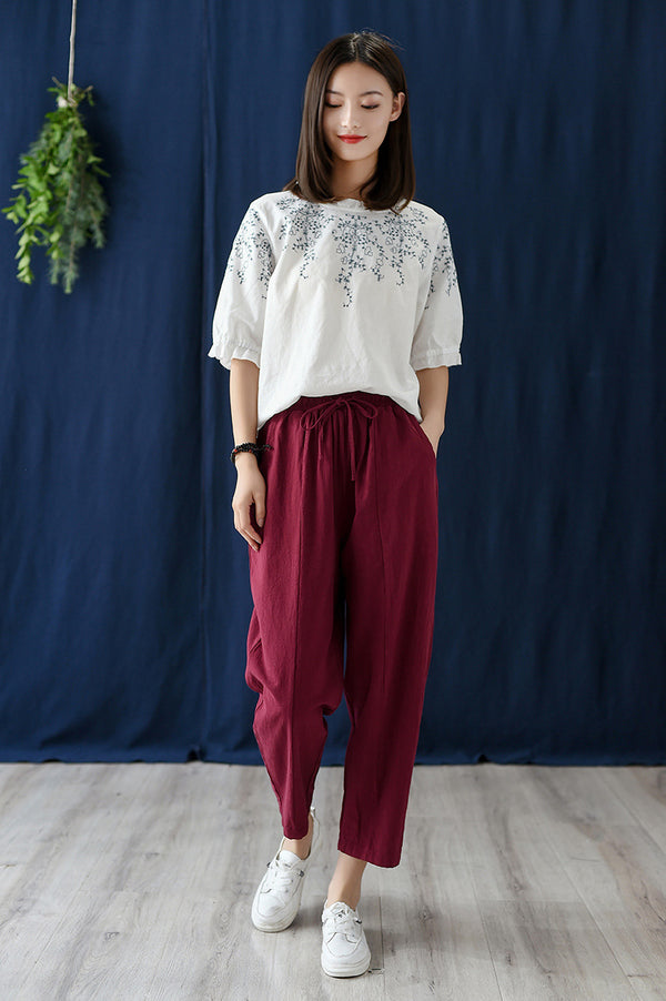Women Casual Style Wrinkled Linen and Cotton Lantern Capri Pants