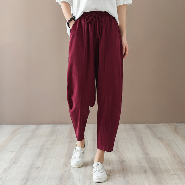 Women Casual Style Wrinkled Linen and Cotton Lantern Capri Pants