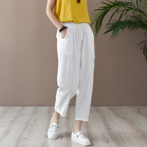 Women Casual Style Wrinkled Linen and Cotton Lantern Capri Pants