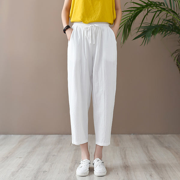 Women Casual Style Wrinkled Linen and Cotton Lantern Capri Pants