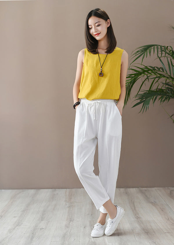 Women Casual Style Wrinkled Linen and Cotton Lantern Capri Pants