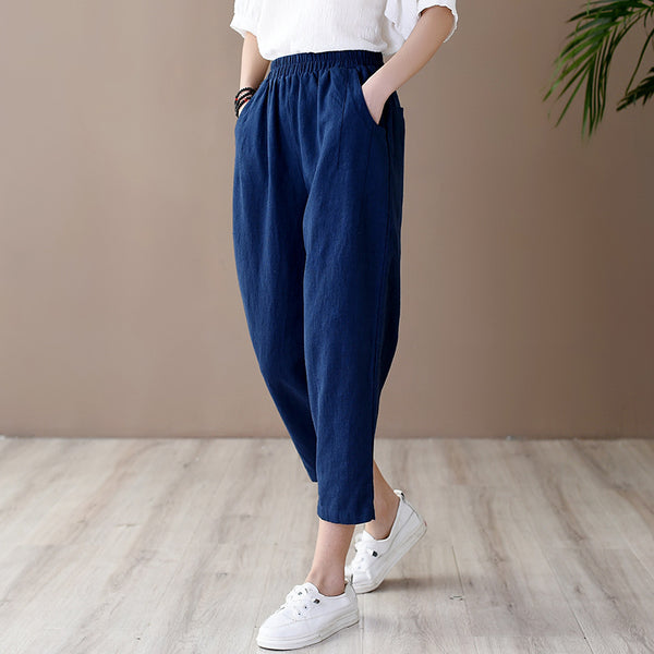 Women Retro Casual Style Linen and Cotton Lantern Cropped Pants