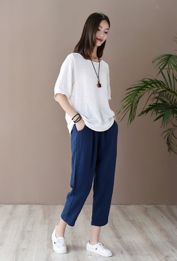 Women Retro Casual Style Linen and Cotton Lantern Cropped Pants