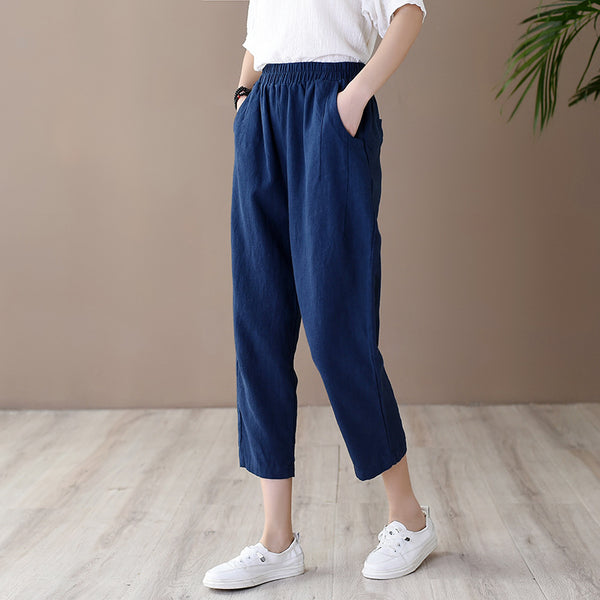 Women Retro Casual Style Linen and Cotton Lantern Cropped Pants