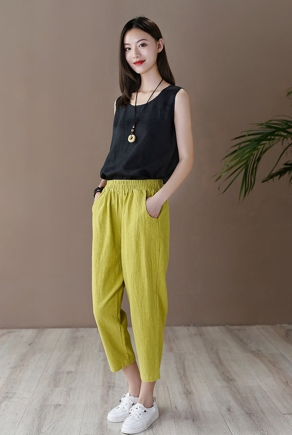 Women Retro Casual Style Linen and Cotton Lantern Cropped Pants