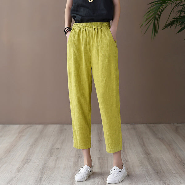 Women Retro Casual Style Linen and Cotton Lantern Cropped Pants