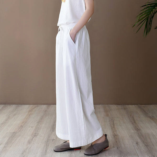 Women Simple Casual Style Linen and Cotton Wide Leg Pants