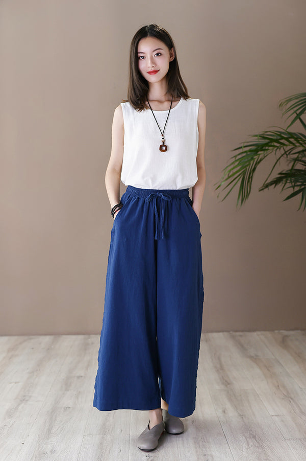 Women Simple Casual Style Linen and Cotton Wide Leg Pants