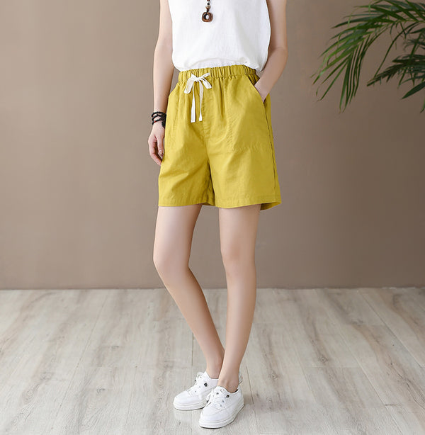 Women Simple Style Linen and Cotton Shorts