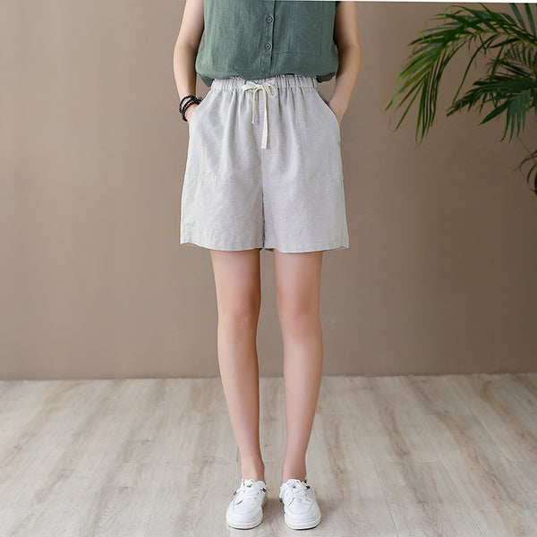 Women Simple Style Linen and Cotton Shorts