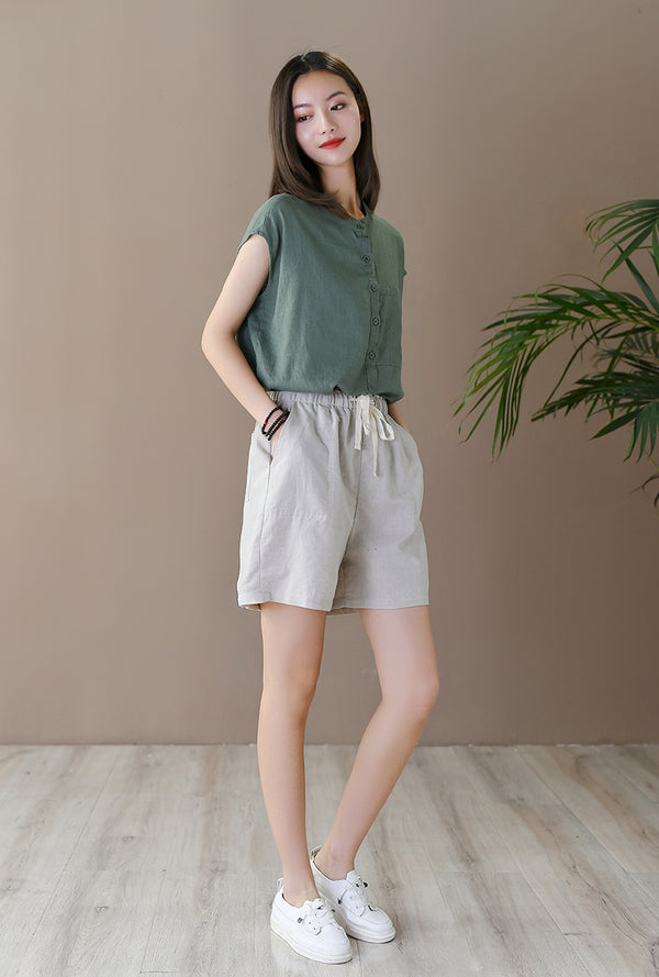 Women Simple Style Linen and Cotton Shorts