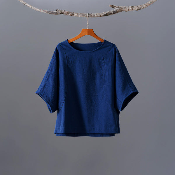 Women Casual Loose Style Linen and Cotton Round Necked T-shirt