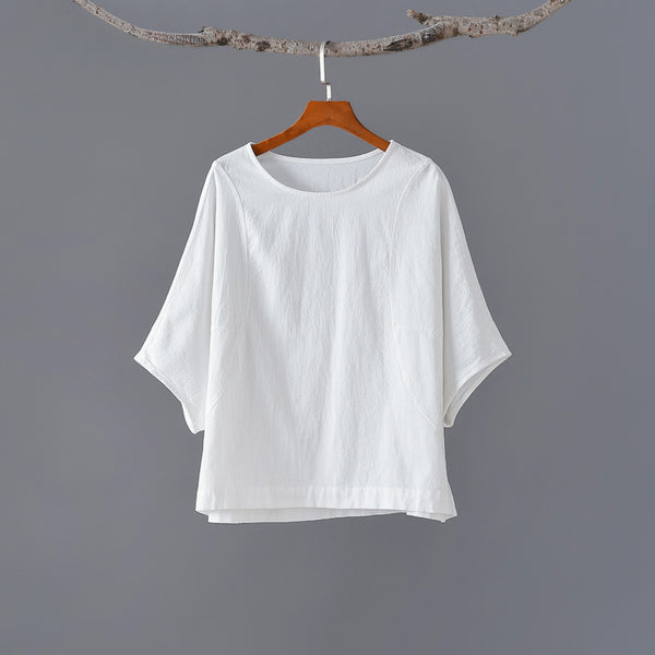 Women Casual Loose Style Linen and Cotton Round Necked T-shirt