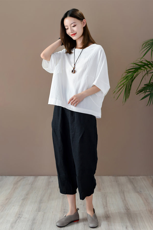 Women Casual Loose Style Linen and Cotton Round Necked T-shirt