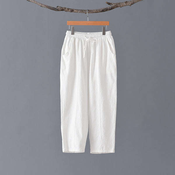 Women Casual Style Wrinkled Linen and Cotton Lantern Capri Pants
