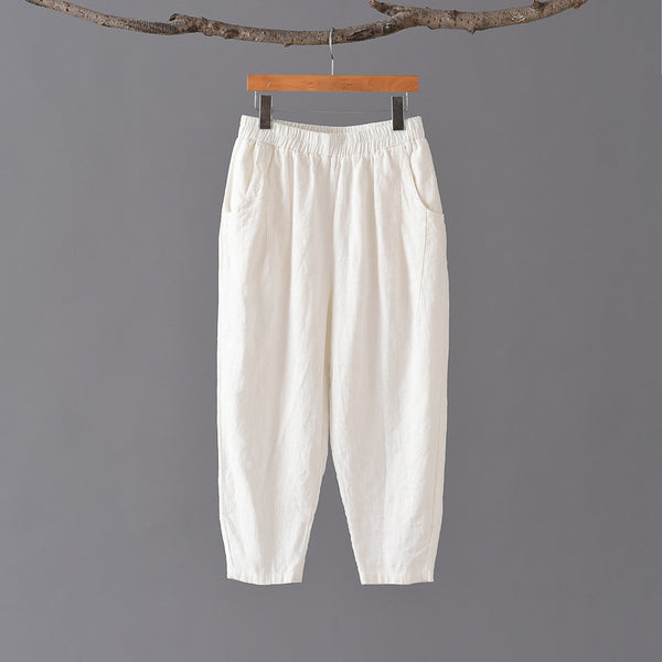 Women Retro Casual Style Linen and Cotton Lantern Cropped Pants