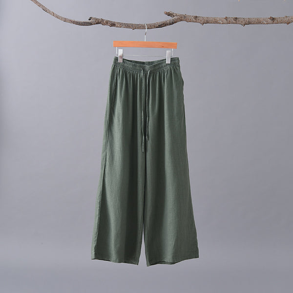 Women Casual Style Linen and Cotton Cropped Wide Leg Pants
