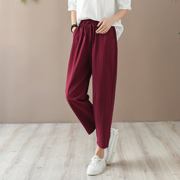Women Casual Style Wrinkled Linen and Cotton Lantern Capri Pants