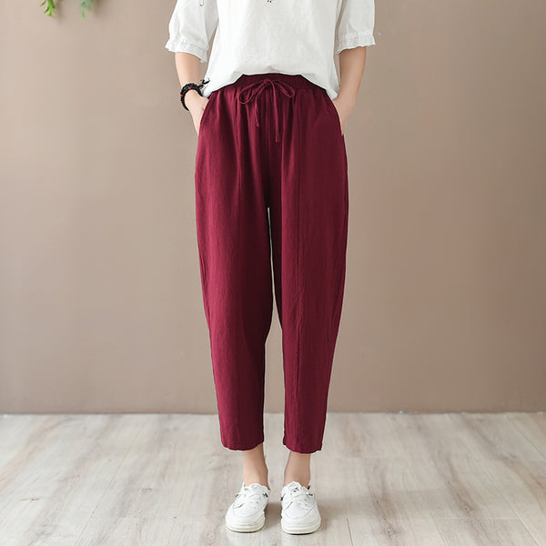 Women Casual Style Wrinkled Linen and Cotton Lantern Capri Pants