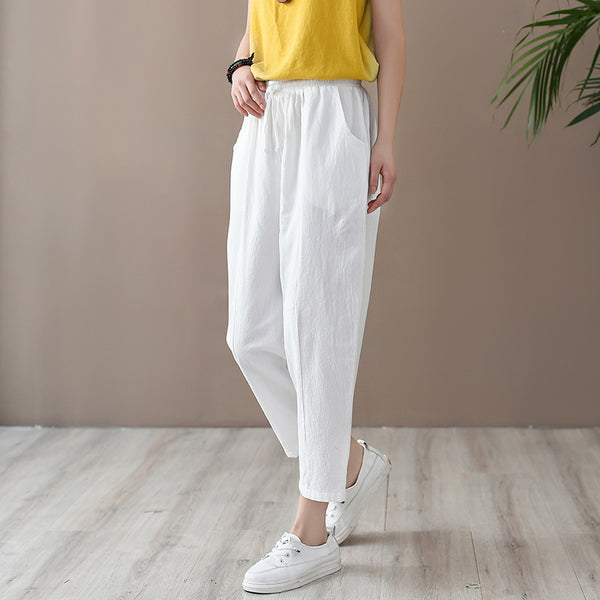 Women Casual Style Wrinkled Linen and Cotton Lantern Capri Pants