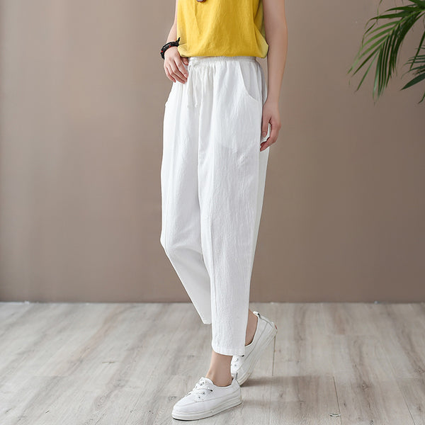 Women Casual Style Wrinkled Linen and Cotton Lantern Capri Pants