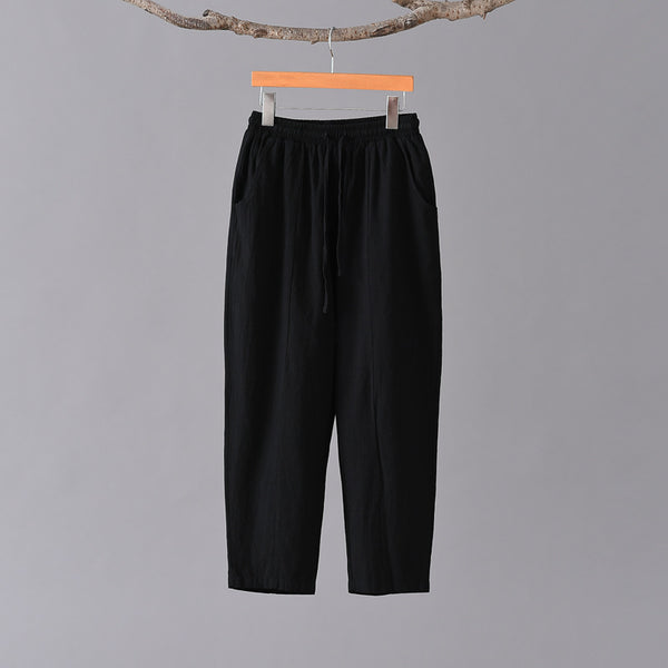 Women Casual Style Wrinkled Linen and Cotton Lantern Capri Pants