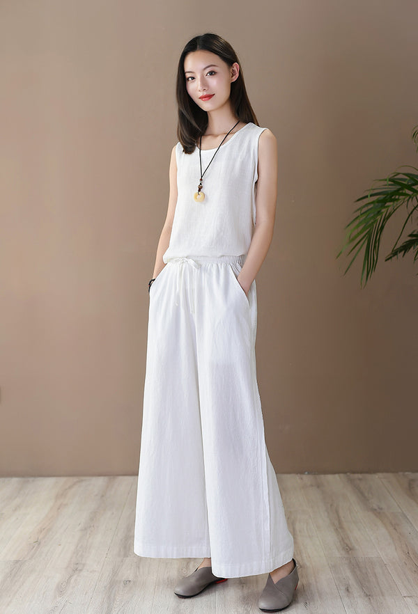Women Simple Casual Style Linen and Cotton Wide Leg Pants