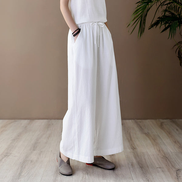 Women Simple Casual Style Linen and Cotton Wide Leg Pants