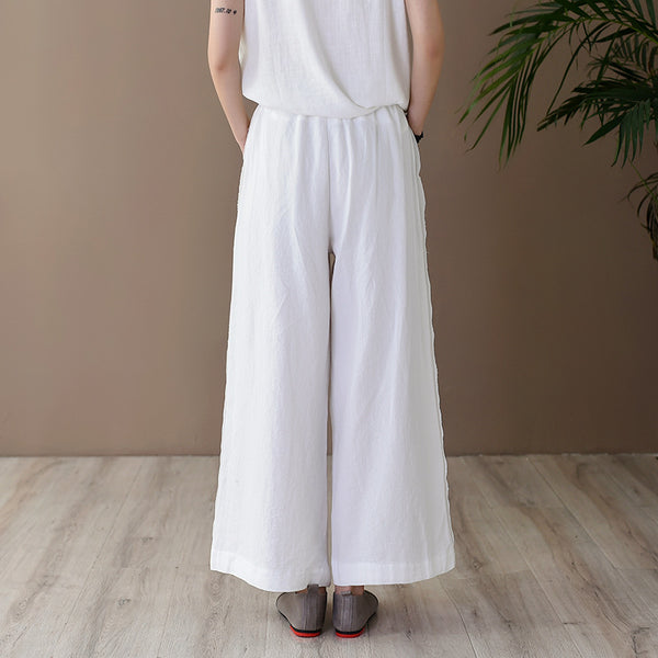 Women Simple Casual Style Linen and Cotton Wide Leg Pants