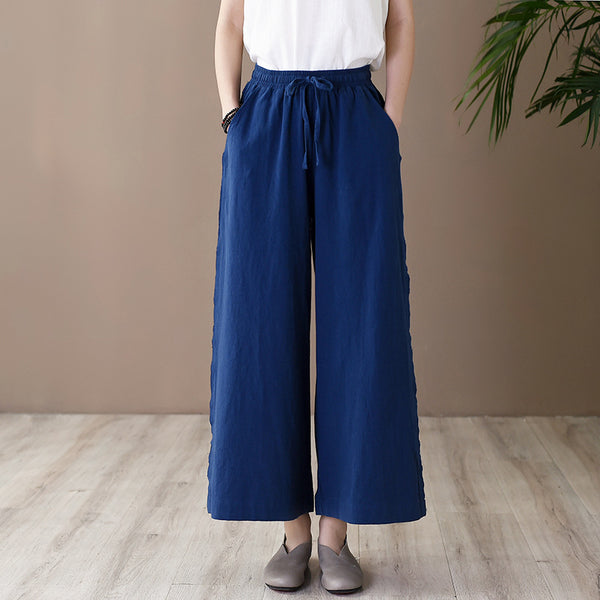 Women Simple Casual Style Linen and Cotton Wide Leg Pants