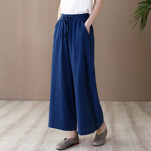 Women Simple Casual Style Linen and Cotton Wide Leg Pants