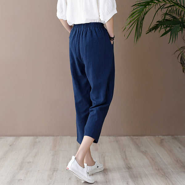 Women Retro Casual Style Linen and Cotton Lantern Cropped Pants