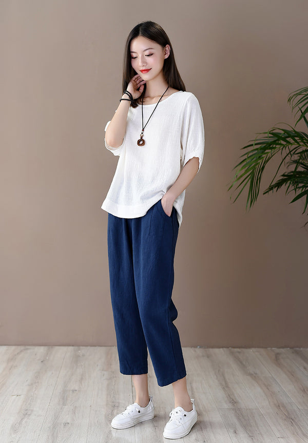 Women Retro Casual Style Linen and Cotton Lantern Cropped Pants