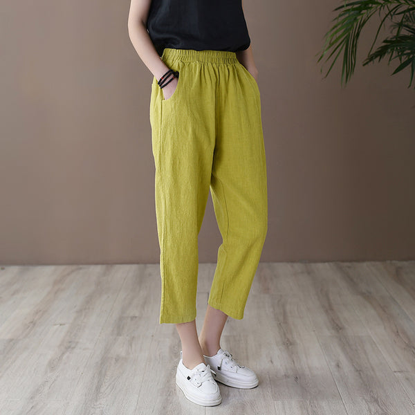 Women Retro Casual Style Linen and Cotton Lantern Cropped Pants