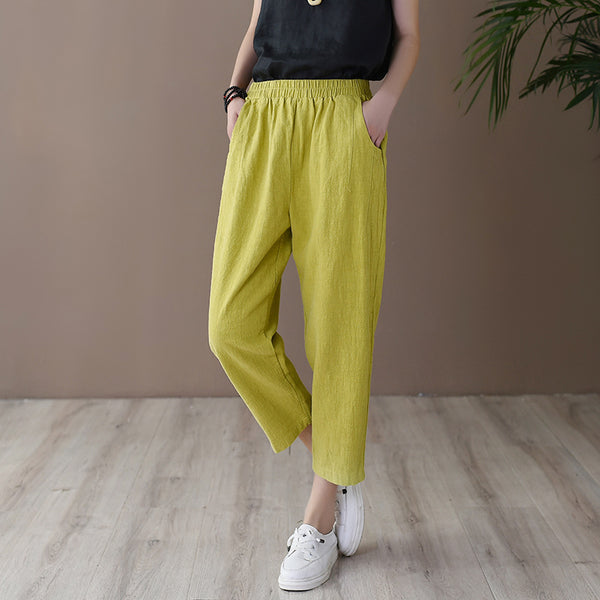 Women Retro Casual Style Linen and Cotton Lantern Cropped Pants