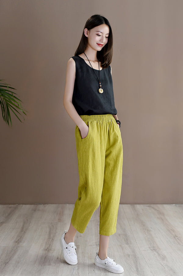 Women Retro Casual Style Linen and Cotton Lantern Cropped Pants