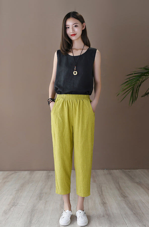 Women Retro Casual Style Linen and Cotton Lantern Cropped Pants