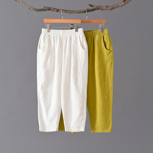 Women Retro Casual Style Linen and Cotton Lantern Cropped Pants