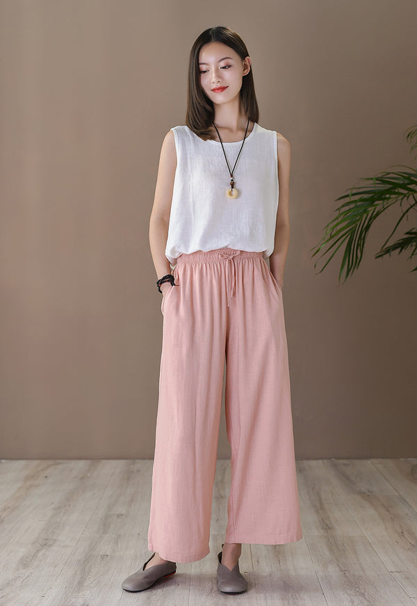 Women Casual Style Linen and Cotton Cropped Wide Leg Pants