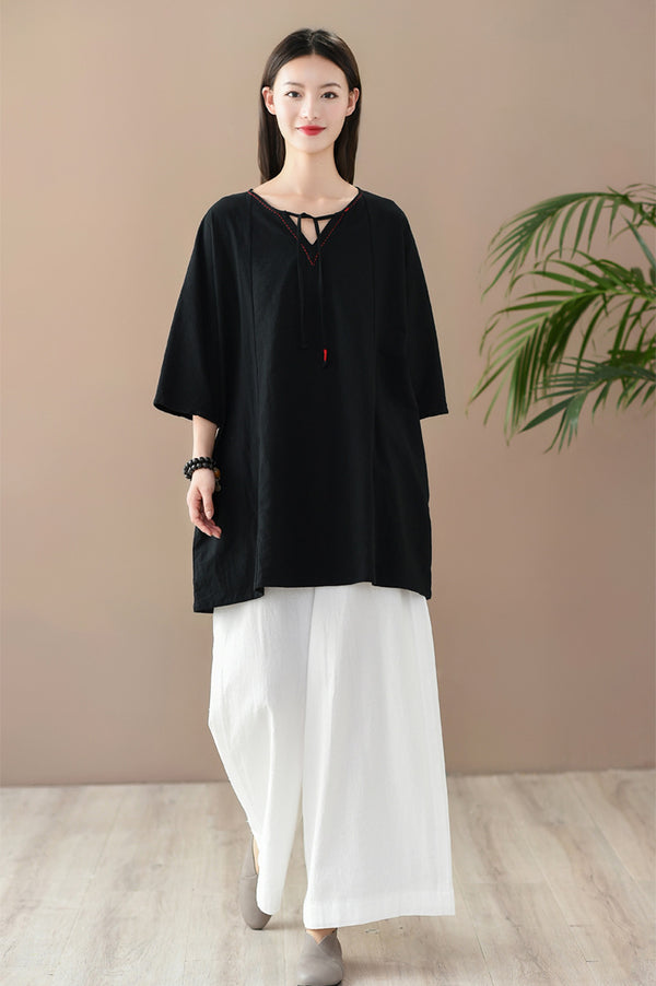 Women Casual Style Wrinkled Linen and Cotton V-Necked Tunic