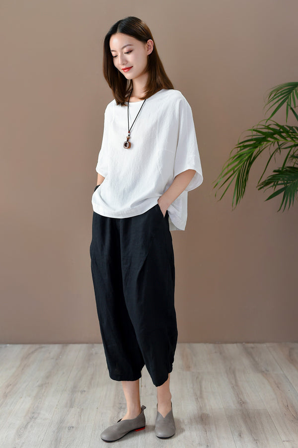 Women Casual Loose Style Linen and Cotton Round Necked T-shirt
