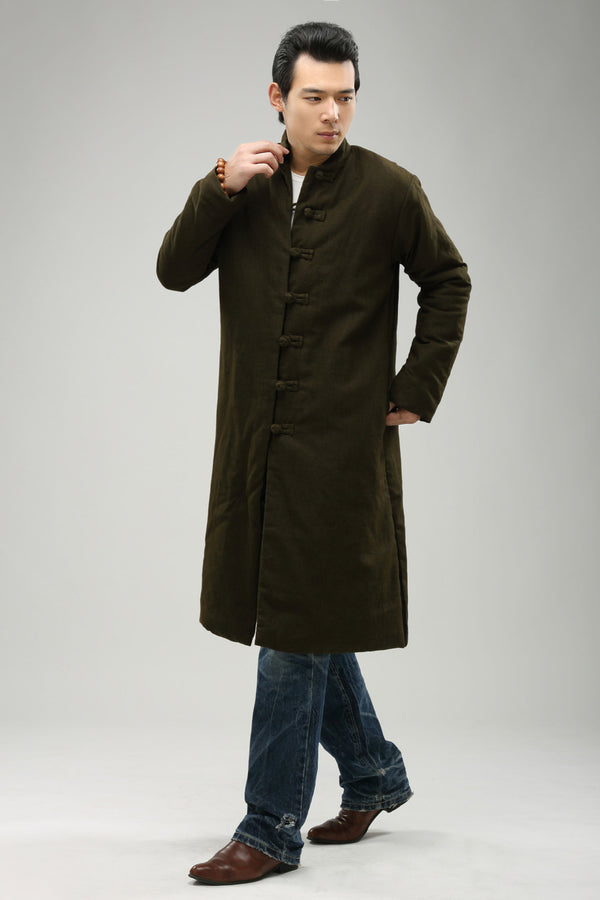 Women/Men Retro Style Long Buckle Linen and Cotton Quilted Coat