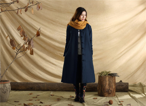 Men/Women Retro Style Long Buckle Linen and Cotton Quilted Coat